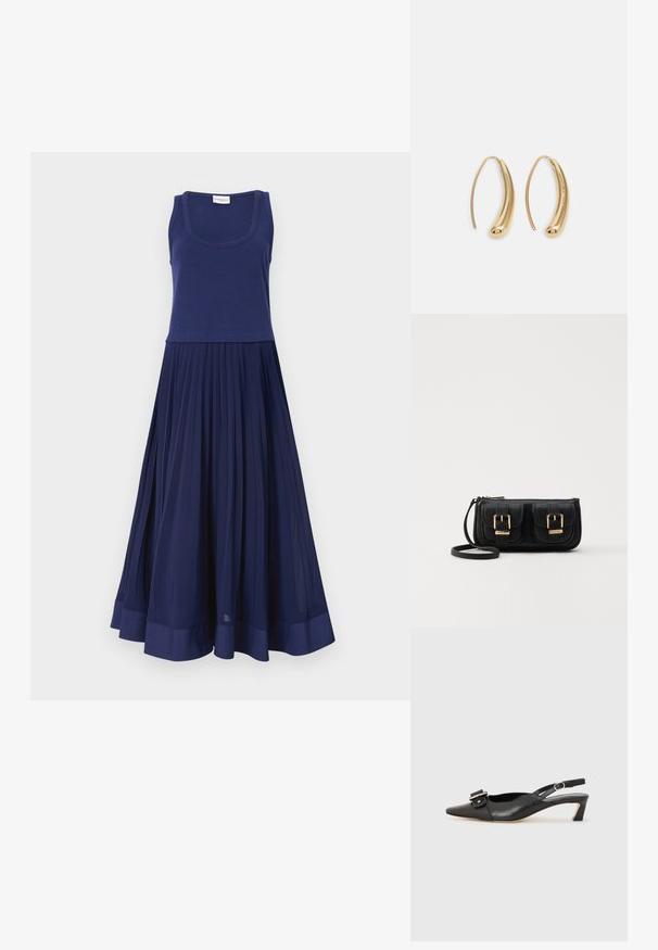 Tamsiai mėlyna suknelė su prigludusia tanko viršūne ir klostuotu sijonu. Pagaminta iš minkštos medžiagos su glotnia tekstūra. Apykaklė puošia tvirta tamsiai mėlyna juosta.; Juodas odinis slingback batelis su smailiu nosiu, maža pakulne ir dekoratyvine sagtimi viršuje. Lygus paviršius, minimalistas dizainas.; Juodas odinis per petį nešiojamas krepšys su dviem priekiniais kišenėmis, auksiniais sagtimis, užtrauktuko uždarymu ir siauromis petnešomis. Textūruota paviršius ir kompaktiškas stačiakampis formatas.; Auksinės metalinės auskarų kabės su lenktą, pailgą forma. Turi lygų, blizgantį paviršių ir užapvalintą galiuką papildomam akcentui.