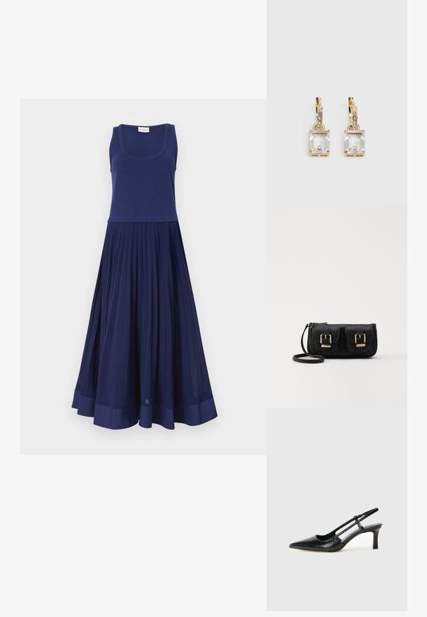 Rochie bleumarin cu un top tip tank strâmt și fustă plisată. Fabricată dintr-un material moale cu o textură netedă. Marginea are o bandă solidă bleumarin.; Pantofi cu toc slingback negri din patent, cu vârf ascuțit, cu imprimeu de șarpe texturat, curea ajustabilă și toc scurt texturat.; Geantă neagră din piele, tip crossbody, cu două buzunare frontale, catarame aurii, închidere cu fermoar și o curea subțire. Suprafață texturată și formă rectangulară compactă.; Cercei aurii care prezintă un cristal clar, rectangular, suspendat sub un rând de accente mici, rotunde, clare. Design elegant și modern.