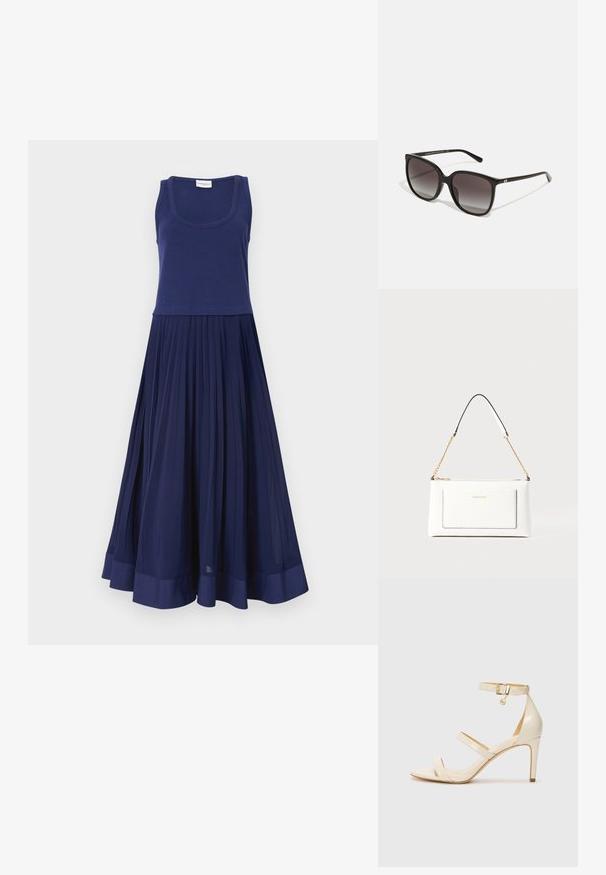 Tumši zils kleitas modelis ar pieguļošu topu un krokotiem svārkiem. Izgatavota no mīkstas auduma ar gludu tekstūru. Apakšmalai ir cieta tumši zila josla.; Bežīgas augstpapēžu sandales ar plānu potītes siksniņu un divām augšējām siksnām. Spīdošs laku apdare un zelta aksesuārs uz potītes siksniņas.; Melni taisnstūra saulesbrilles ar gradienta lēcām, plastmasas rāmis un metāla logo akcents pie tempļa. Klasisks dizains ar gludu tekstūru.; Baltā ādas rokassomu ar teksturētu apdari, ar zelta ķēdes siksnu un melniem akcentiem. Iekļauj priekšējo kabatu un aizdari ar rāvējslēdzēju.