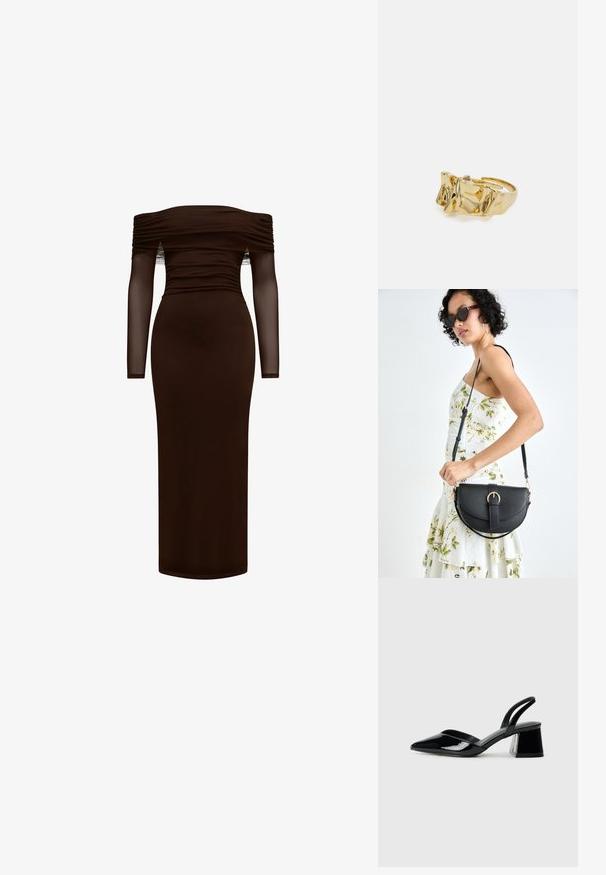 Off-shoulder brun klänning med lång, genomskinlig ärmar och rynkad detalj vid bodice, figurnära silhuett och ankel-lång fåll.; Svarta lackläder slingback klackar med spetsig tå och geometrisk klack. Har en elegant, minimalistisk design och slät yta.; Svart läderhandväska med en böjd form, avtagbar rem och guldiga detaljer. Väskan har ett lock med en spänndetalj.; Guldring med texturerad, vågig design som har tre framträdande toppar. Slät, glänsande yta med en öppen band för justerbar passform.; Guldring med texturerad, vågig design som har tre framträdande toppar. Slät, glänsande yta med en öppen band för justerbar passform.