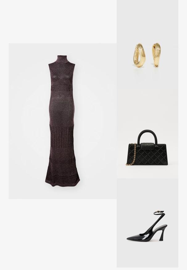 Missoni SLEEVELESS LONG DRESS - Pulóverruha - black/pink base; Fekete lakk bőrből készült, slingback magas sarkú cipők, hegyes orral, állítható bokapánttal és mérsékelt tömbsarkal. Simább textúra, fényes felület.; Fekete kézitáska texturált bőrből, gyémántmintázattal, aranyszínű láncos pánttal és logóval gravírozott fedélzárral ellátott felső fogantyúval.; Arany színű karika fülbevalók csavarodó mintával, bordázott felülettel és sima bevonattal. Könnyű és üreges szerkezet.