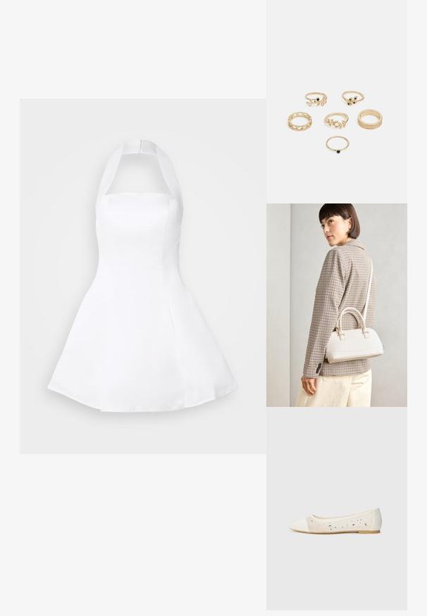 Jarlo LULU - Cocktail dress / Party dress - ivory; Pointed-toe flat in cream leather with transparent upper featuring scattered rhinestones. Soft sole for comfort, minimalistic design.; White structured handbag with short handles and a shoulder strap, featuring gold hardware accents and textured material, displayed against a grey background.; Set of six gold rings featuring various designs: braided, leaf motifs, and solid bands; some with green gemstone accents.