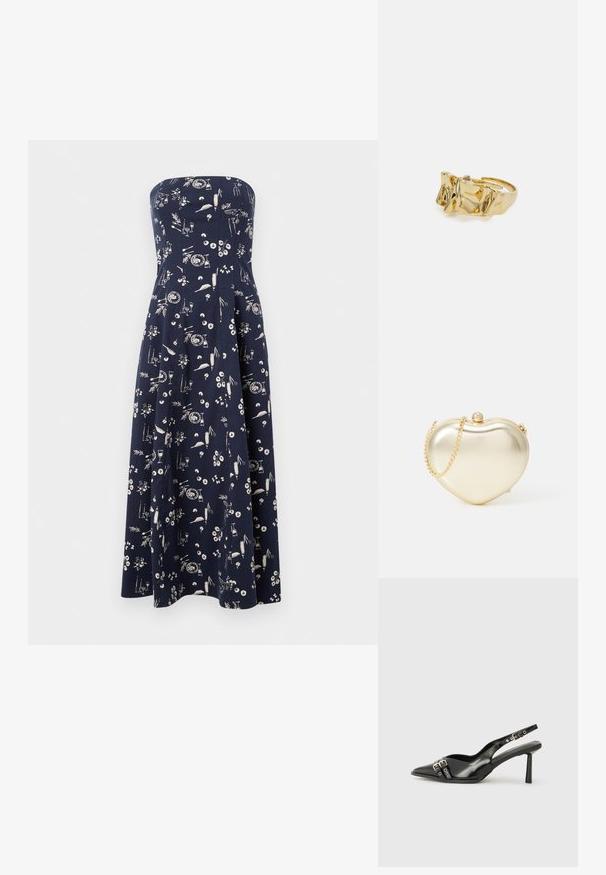 Ujjatlan sötétkék ruha, boleróval, amelynek bővülő szoknyája van, fehér virágmintával és különböző mintázatokkal. Könnyű anyagból készült.; Fekete lakk bőr, hegyes orrú slingback cipő, boka pántokkal, ezüst csatokkal és hardverelemekkel, valamint karcsú sarkú.; Arany fém szív alakú táska lánc pánttal és gyöngy zár részlettel. Simaszerkezet, kompakt kialakítás a kis alapvető dolgokhoz.; Aranygyűrű texturált, hullámos dizájnnal, három kiemelkedő csúccsal. Simább, fényes felület és nyitott sáv az állítható illeszkedés érdekében.