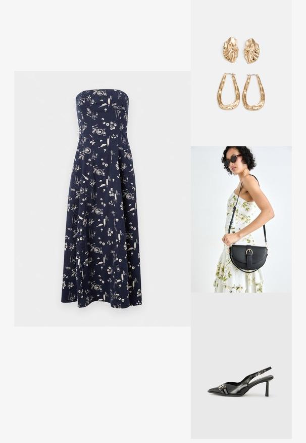Vestido azul-marinho sem alças com saia rodada, apresentando um padrão de flores brancas e objetos por toda a peça. Feito de tecido leve.; Sapato slingback preto em pele patentada com bico apontado, tiras no tornozelo apresentando fivelas e acessórios prateados, e um salto elegante.; Bolsa de couro preta com forma curva, alça destacável e detalhes em dourado. A bolsa possui uma aba com detalhe de fivela.; Brincos em tom de ouro com formas onduladas e texturizadas. Inclui studs escultóricos com presilha e um design de argola aberta com um acabamento martelado.