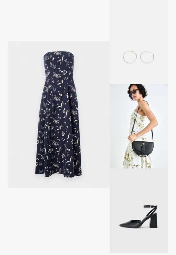 Vestido sin tirantes de color navy con falda acampanada, que presenta un patrón floral y de objetos en blanco en toda su superficie. Fabricado en tejido ligero.; Zapato de tacón puntiagudo de cuero negro con tira en el tobillo y tacón ancho. Textura plana, diseño elegante y estética minimalista.; Bolso de piel negra con forma curva, correa desmontable y herrajes dorados. El bolso cuenta con una solapa con un detalle de hebilla.; Pendientes aros de plata con un diseño redondo y elegante, que presentan una superficie lisa y sin adornos visibles. Diámetro no especificado.