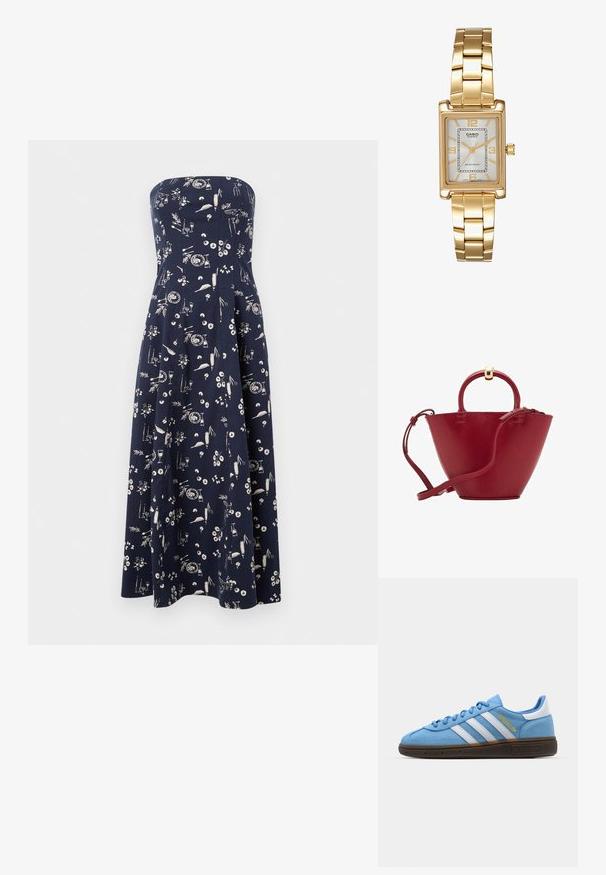 Brezramni temno moder obleka s širokim krilom, ki ima po celotni površini bel cvetlični in oblikovni vzorec. Narejena je iz lahkega blaga.; Svetlo modri semiš športni čevlji z belimi usnjenimi črtami, rjavo teksturirano podplatom in zlatim logotipom. Nizki dizajn z zaobljenim konicami.; Rdeča usnjena torbica z zaobljenim vrhom, strukturirano stožčasto obliko, kratko ročico in odstranljivim naramnim trakom. Opremljena z zlatimi dodatki.; Zlato obarvana pravokotna ročna ura z belo številčnico, srebrnimi kazalci in trdno kovinsko zapestnico. Vključena je vodoodporna funkcija.