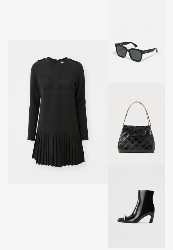 Černé šaty s dlouhými rukávy, plisovanou sukní a texturovaným předním panelem. Mají kulatý výstřih a knoflíkové detaily na ramenou.; Černé kotníkové boty vyrobené z lesklé kůže, s špičatou špičkou a dekorativním zlatým a stříbrným akcentem na přední straně. Design s blokovým podpatkem.; Černé sluneční brýle s obdélníkovými skly, s lesklým povrchem a zlatými logovými akcenty na nožkách. Temně šedá skla poskytují UV ochranu.; Černá prošívaná kožená kabelka se stříbrným řetízkovým uchytem, s výrazným tvarem a hladkou texturou.