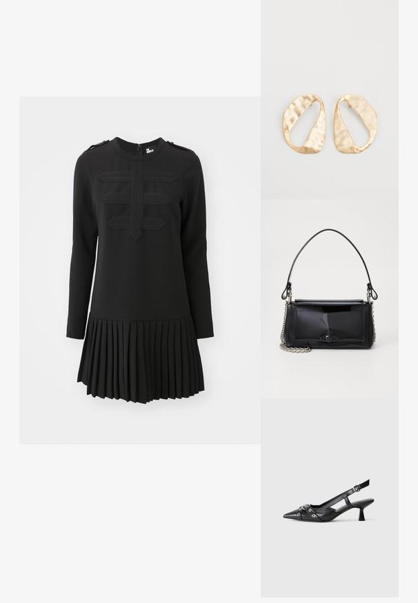 Rochie neagră cu mâneci lungi, fustă plisată și panou frontal texturat. Prezintă un gât rotund și accente cu nasturi pe umeri.; Pantofii slingback din piele neagră, cu vârful ascuțit, curele decorative cu ochiuri din metal și toc bloc mic. Suprafață texturată.; Geantă din piele patent neagră, cu o formă rectangulară, mânere din lanț și un accent distinctiv din metal în centru. Textură netedă.; O pereche de cercei din metal de culoare aurie, cu formă ovală neregulată, având o suprafață texturată, ușor ciocănită, pe un fundal alb.