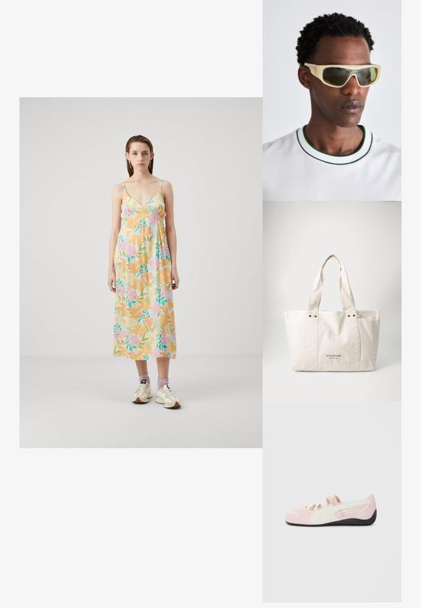 Robe maxi florale en tissu doux et léger. Présente des couleurs pastel, des bretelles spaghetti réglables et une coupe ample avec des détails froncés au niveau de la poitrine.; Chaussure slip-on rose en suede avec des accents blancs, semelle en caoutchouc et sangles élastiques. Présente un design texturé et un petit logo sur le devant.; Lunettes de soleil avec une monture jaune translucide et des verres teintés en vert. Design angulaire avec des branches larges, portées avec une chemise blanche à accents verts.; Sac fourre-tout en toile beige clair avec deux poignées robustes, bord blanc contrastant et logo "THE NORTH FACE" en noir à l'avant.