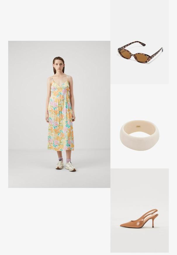 Gėlių ilgą suknelę iš minkštos, lengvos medžiagos. Suknelė turi pastelinių spalvų, reguliuojamas spaghetti tipo petnešas ir laisvą kirpimą su raukšlėtomis krūtinės detalėmis.; Pailgų smailiu pirštu slingback kulnas, pagamintas iš lygaus, blizgaus rudos spalvos medžiagos. Yra kreivų išpjovimų dizainas ir lieknas stiletto kulnas. Sidabrinė sagtis.; Kaktašiai akiniai nuo saulės su ovaliais objektyvais, rudi, ploni laikikliai su tekstūruotu raštu, lengvas plastikinis rėmas.; Blizgus kreminis apyrankė, pagaminta iš lygaus dervos. Apvalus forma su vienodai lygia paviršiaus ir mažas auksinis logotipas viduje.