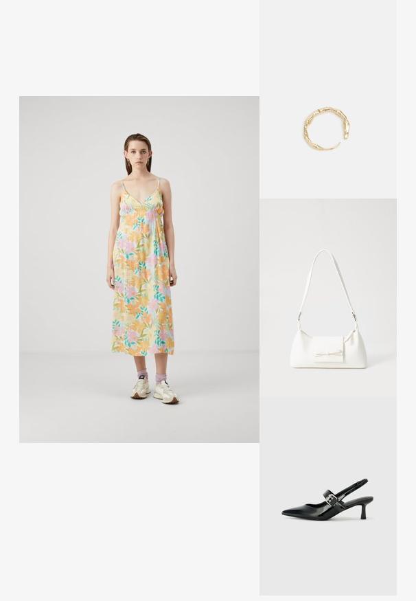 Blühendes Maxikleid aus weichem, leichtem Stoff. Merkmale sind Pastellfarben, verstellbare Spaghettiträger und eine lockere Passform mit gerafften Brustdetails.; Schwarze Lackleder Slingback-Absätze mit spitzem Zeh und kleinem Blockabsatz, ausgestattet mit einem silbernen Schnallenakzent am Riemen.; Weiße synthetische Handtasche in dreieckiger Form, flache Vorderklappe und Schleifendetail, verstellbarer Trageriemen, glatte Textur und minimalistisches Design.; Goldfarbener Ring mit einem organischen, gedrehten Design, glatter Oberfläche und sich verjüngenden Enden, was ein modernes, skulpturales Erscheinungsbild erzeugt.