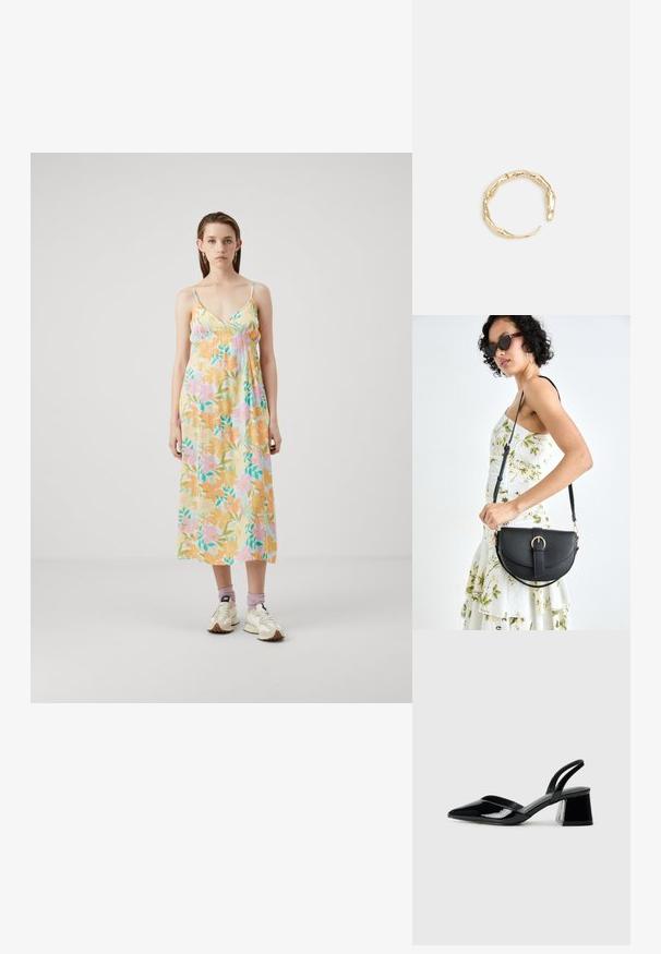 Kwiatowa sukienka maxi z miękkiego, lekkiego materiału. Posiada pastelowe kolory, regulowane ramiączka na krzyż oraz luźny krój z marszczonymi detalami w okolicy biustu.; Czarne lakierowane półbuty na obcasie z wydłużonym noskiem i geometrycznym słupkiem. Charakteryzują się eleganckim, minimalistycznym designem oraz gładką fakturą.; Czarna skórzana torebka o zakrzywionym kształcie, z odpinanym paskiem i złotymi akcentami. Torebka posiada klapę z zapięciem w kształcie klamry.; Pierścionek w odcieniu złota z organicznym, skręconym wzorem, o gładkiej fakturze i zwężających się końcach, tworzący nowoczesny, rzeźbiarski wygląd.