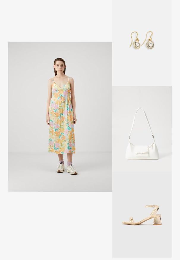 Abito maxi floreale in tessuto morbido e leggero. Caratterizzato da colori pastello, spalline sottili regolabili e una vestibilità ampia con dettagli arricciati sul petto.; Sandal in metallo dorato con tacco a blocco angolare, due cinghie sul piede e una cinghia alla caviglia regolabile. Tocco liscio.; Borsa sintetica bianca a forma triangolare, con patta anteriore piatta e dettaglio a fiocco, tracolla regolabile, texture liscia e design minimalista.; Orecchini color oro con cristalli trasparenti di forma ovale circondati da pietre più piccole e trasparenti, dotati di un design a gancio per una vestibilità sicura.