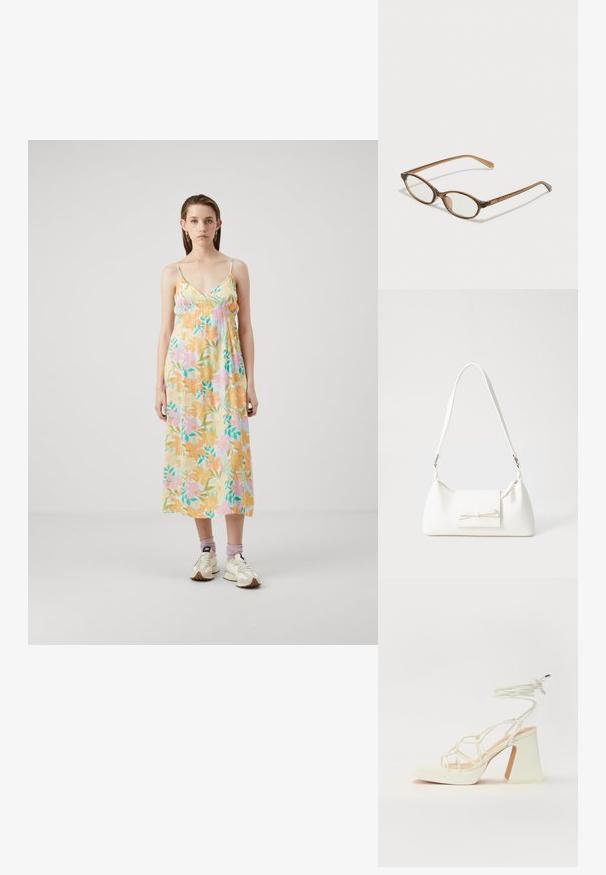 Vestido maxi floral em tecido leve e suave. Apresenta cores pastel, alças finas ajustáveis e um corte solto com detalhes franzidos no peito.; Sandálias brancas de salto alto com um salto robusto, apresentando um design com tiras e amarração no tornozelo. Textura suave com uma plataforma na frente para altura adicional.; Óculos tortoiseshell castanhos com lentes ovais, hastes finas e acabamentos transparentes. Apresenta um logótipo subtil na têmpora. Design elegante e leve.; Mala sintética branca com formato triangular, aba frontal plana e detalhe de laço, alça ajustável, textura suave e design minimalista.