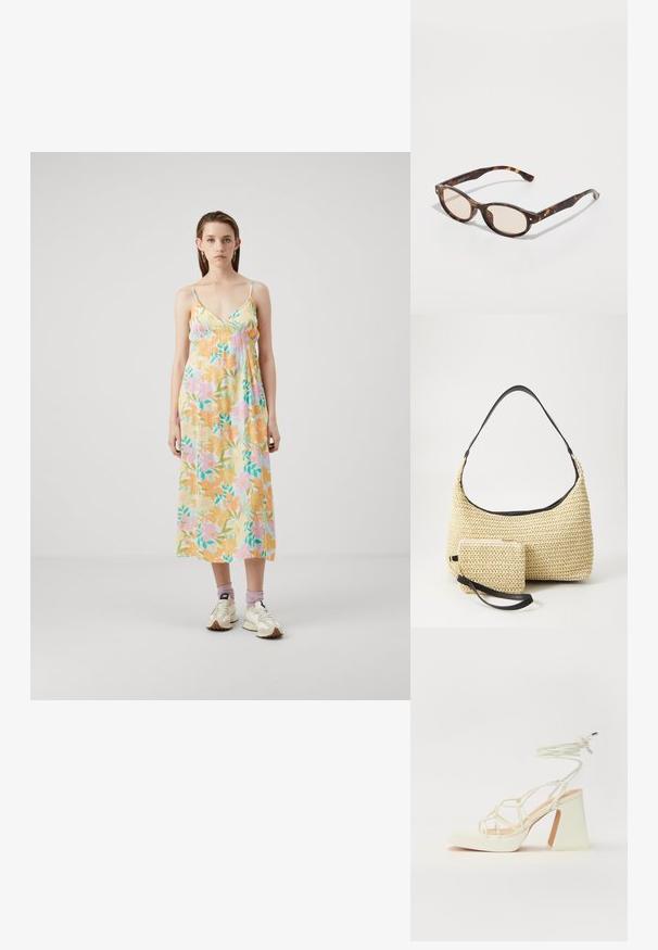 Blomster maxi kjole i blødt, letvægtsstof. Har pastelfarver, justerbare spaghetti skulderstropper og en løs pasform med sammensyning på brystet.; Hvide højhælede sandaler med en kraftig hæl, der har et stropdesign og ankelbinding. Glat tekstur med en platform foran for ekstra højde.; Skildpaddevmønster solbriller med rund form og lys linse. Har solide arme med små guld accenter, lavet af plastmateriale.; Vævet stråhåndtaske med en buet silhuet, der har en glat sort læderrem og en matching lille pung, der er fastgjort med en håndledsrem.