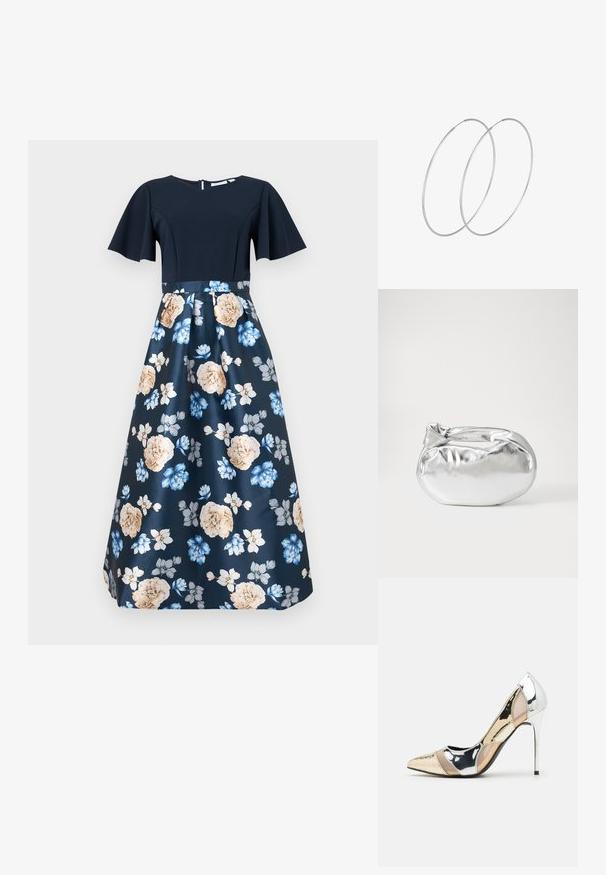 Námornícky modré šaty s krátkymi rozšírenými rukávmi, priliehavým topom a saténovou sukňou s kvetinovým vzorom, na ktorej sú béžové a modré kvety.; Lodičky s špičatou špičkou v striebornom, zlatom a telovom farebnom prevedení. Lesklý povrch s výrezovým dizajnom, s ihlovým opätkom.; Strieborná metalická taška s mäkkým, zaobleným tvarom a uzáverom s uzlíkom. Vyrobená z hladkej syntetickej kože.; Strieborné kruhové náušnice s minimalistickým dizajnom. Cirkulárny tvar, hladký povrch a tenký profil. Ľahké s lesklým povrchom.