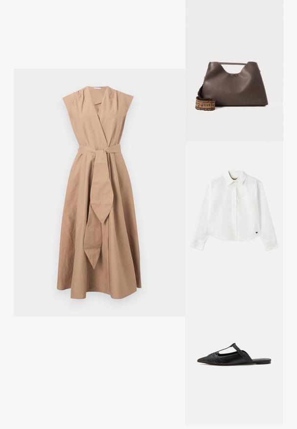 Svetlo béžové maxi šaty bez rukávov s obopínacím dizajnom, opaskom v oblasti pása a siluetou do A. Hladká textura, minimálne švy a bez vzorov.; Biely skrátený dlhý rukáv košeľa vyrobená z bavlny. Má gombíkový predný zapínanie, vrecko na hrudi a malé čierne logo na spodnej ľavej strane.; Čierne kožené sandále so špičatou špičkou, ktoré majú tkaný detail a zborený dizajn vrchnej časti. Plochá podrážka s minimálnym hardvérom.; Hnedá kožená kabelka s textúrovaným povrchom, ostrým dizajnom a charakteristickou hornou rúčkou. Obsahuje detail so vzorovaným tkaným pásikom.
