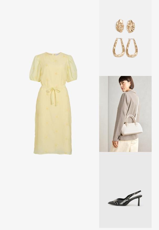 Világos sárga midi ruha puffos ujjal, kerek nyakkivágással, deréknál megkötött szövetövével, és finom virágmintázattal az egész ruhán.; Fekete lakk bőr, hegyes orrú slingback cipő, boka pántokkal, ezüst csatokkal és hardverelemekkel, valamint karcsú sarkú.; Fehér, strukturált kézitáska rövid füllel és vállpánttal, arany színű fém kiegészítőkkel és texturált anyagból, szürke háttér előtt bemutatva.; Aranyszínű fülbevalók, texturált, hullámos formákkal. Tartalmazza a szobrászati klipszes studokat és az open hoop kialakítást, kalapácsos felülettel.