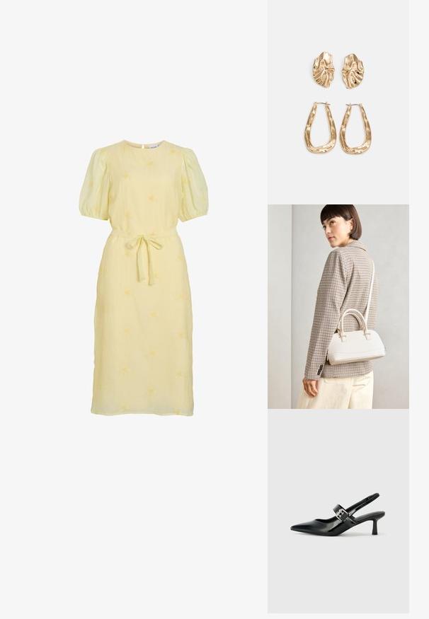 Šviesiai geltona midi suknelė su pūstomis rankovėmis, apvaliu iškirpimu, audinio diržu, surištu ties liemeniu, ir subtiliais gėlių siuvinėjimais visame paviršiuje.; Juodai lakuoti slingback aukštakulniai su smailiu kojų pirštu ir mažais blokiniais kulniukais, su sidabro sagtimi ant dirželio.; Balta struktūruota rankinė su trumpomis rankenomis ir peties diržu, su auksinėmis detalėmis ir tekstūruota medžiaga, pastatyta prieš pilką foną.; Auksinės auskarai, turintys tekstūruotus, bangų formos elementus. Įeina skulptūriniai segami auskarai ir atviri lankai su išmuštu paviršiumi.