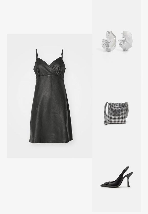 Melnā ādas kleita ar V veida kakla izgriezumu, plānām spaghetti siksnām un brīvu siluetu ar gludu, teksturētu apdari.; Melnas ādas sārta kurpes ar smailu purngalu, šauru augstu papēdi un dekoratīvu loku akcentu. Gluda tekstūra un elegants dizains.; Metāliska sudraba rokassoma ar acs dizainu, kas izgatavota no mazām apaļām diskām, ar plecu siksnu un mīkstu, noapaļotu formu.; Sudeļi ar plūstošu spirālveida dizainu. Gluda tekstūra ar pulētu apdari. Iezīmējas ar maigu spīdumu un nav redzamu rotājumu.