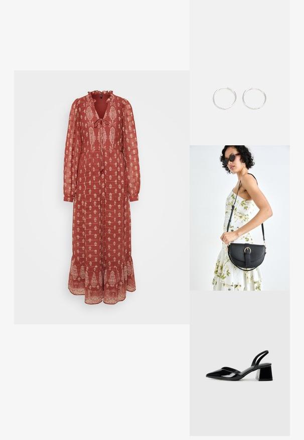 Sarkanas garās piedurknes kleita ar vilktām malām, saistītiem elementiem un baltu ziedu rakstu. Izpušķota apakša ar dekoratīviem akcentiem.; Melna lakota āda ar atvērto papēdi, ar smailu purngalu un ģeometrisku blokpapēdi. Iezīmējas elegants, minimāls dizains un gluda tekstūra.; Melnas ādas rokassoma ar izliekta formu, noņemamu siksnu un zelta aksesuāriem. Somai ir vāciņš ar sprādzes detaļu.; Sudraba riņķa auskari ar elegantu, apaļu dizainu, kas izceļas ar gludu virsmu un bez redzamām rotājumām. Diametrs netiek norādīts.