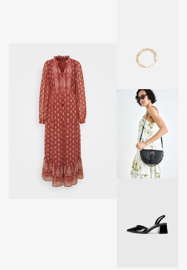 Raudona, ilga rankovė su volanų apykakle, surišimo detale ir balta gėlių raštu. Išplėsta apatinė dalis su dekoratyviniais akcentais.; Juodos lakuotos odinės šlepetės su smailiu pirštu ir geometriniu bloko kulnu. Turi elegantišką, minimalistinį dizainą ir lygų paviršių.; Juodas odinis krepšys su išlenkta forma, nuimamu dirželiu ir auksiniais detalėmis. Krepšys turi kilpą su sagtimi.; Auksinės spalvos žiedas, turintis organišką, sukimosi dizainą su lygiu paviršiumi ir siaurėjančiais galais, sukuriantis modernią skulptūrinę išvaizdą.