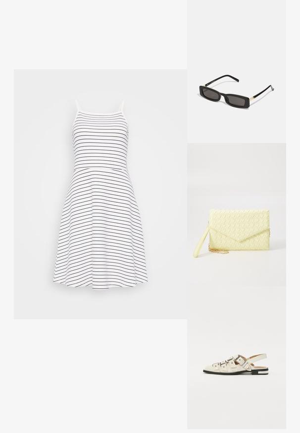 Csíkos, ujjatlan ruha fehér és tengerészkék színben. A testhez simuló felsőrész bővülő szoknyára vált. Puha, könnyű anyagból készült.; Fehér bőr slingback szandál, több széles pánttal és ezüst csatokkal; lapos talp, kis fekete sarokkal és fémes díszítésekkel.; Fekete téglalap alakú napszemüveg sötét lencsékkel, fényes műanyag kerettel, arany díszítéssel az temples. Minimalista design és elegáns forma.; Sárga szőtt pénztárca, hajtogatott dizájnnal, levehető csuklópánttal és arany színű lánc díszítéssel. Simább textúra és téglalap alak.; Arany fülbevalók sima, fényes felülettel. Kör alakú dizájn, amely kis kapoccsal és átlátszó tartozékkal rendelkezik a biztonságos viselés érdekében.