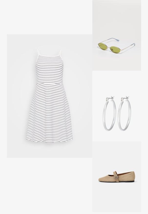 Svītrainas bezpiedurkņu kleita baltā un jūras zilā krāsā. Pieguļošs augšdaļa pāriet plašā svārku daļā. Izgatavota no mīksta, viegla auduma.; Bežā zelta zamšādas Mary Jane kurpes ar asu purngalu un vienu regulējamu siksniņu ar sudraba sprādzi. Melna plakana zole.; Olīvu zaļi saulesbrilles ar plānu zelta rāmi un zila akcenta kājām. Ovali lēcas un minimālisma dizains.; Sudraba riņķveida auss gredzeni ar gludu, pulētu apdari. Apaļa forma un drošs klikšķa augšējais slēgums. Viegls dizains, kas piemērots ikdienas valkāšanai.