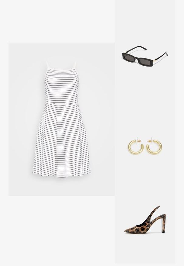 Paski bez rękawów sukienka w kolorze białym i granatowym. Dopasowany top przechodzi w rozkloszowaną spódnicę. Wykonana z miękkiego, lekkiego materiału.; Sandały na obcasie w panterkę z wąskim noskiem i przezroczystym słupkiem. Wykonane z błyszczącego materiału o gładkiej fakturze.; Czarnie prostokątne okulary przeciwsłoneczne z ciemnymi soczewkami, błyszczącymi plastikowymi oprawkami i złotymi akcentami na zausznikach. Minimalistyczny design i smukły kształt.; Złote kolczyki w kształcie kółek o gładkim, błyszczącym wykończeniu. Okrągły design z małym klipsem i przezroczystym zapięciem zapewniającym bezpieczne noszenie.