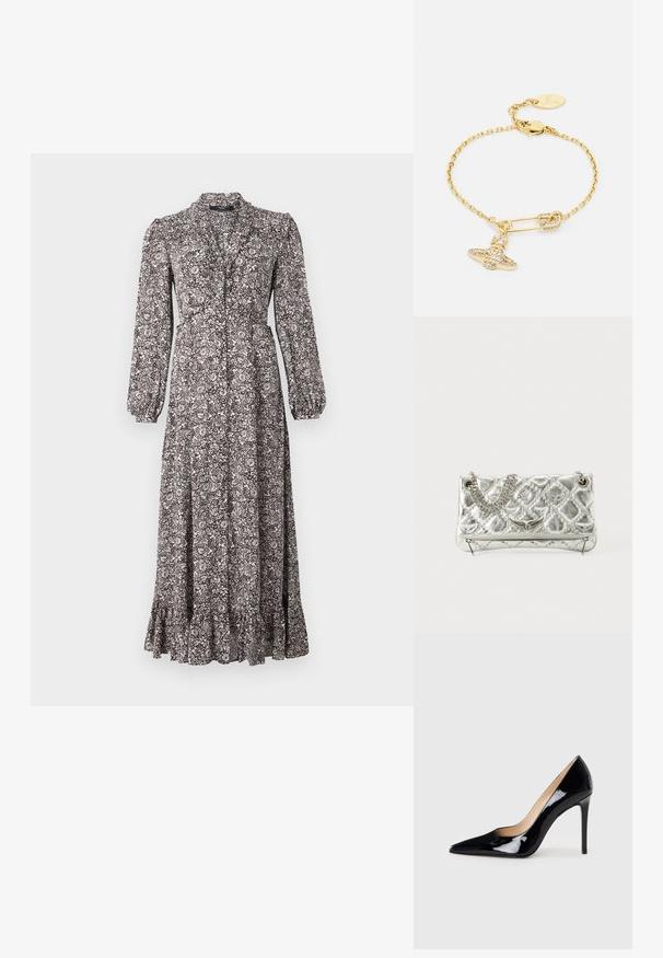 Rochie lungă, cu nasturi, din țesătură cu model în nuanțe de marron și alb, cu mâneci lungi și tiv ondulat.; Pantofi cu toc înalt din piele patent neagră, cu un design cu vârf ascuțit și o siluetă elegantă. Prezintă un finisaj neted și strălucitor și un toc subțire de tip stiletto.; Geantă de umăr argintie din metal, cu mânere din lanț, textură matlasată, cusături decorative și închidere cu fermoar. Are accente embossate pe față.; Brățară aurie cu un design de lanț, decorată cu un charm în formă de agrafă de siguranță și un detaliu strălucitor în formă de fundiță. Include un închizător și un eticheta cu logo.