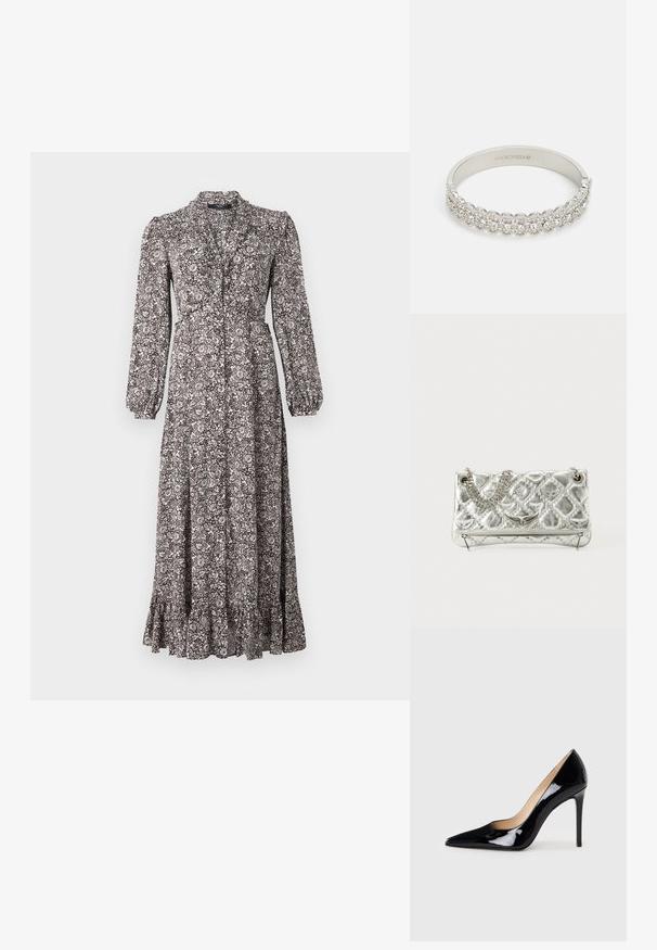 Long, button-down dress made of patterned fabric in shades of brown and white, featuring long sleeves and a ruffled hem.; Black patent leather high-heeled pump with a pointed toe design and a sleek silhouette. Features a smooth, shiny finish and a slender stiletto heel.; Silver metallic handbag with chain handle, quilted texture, decorative stitching, and a zip closure. Features embossed accents on the front.; Silver bangle featuring a row of round, clear crystals with a textured pattern, smooth inner surface, and a clasp closure.