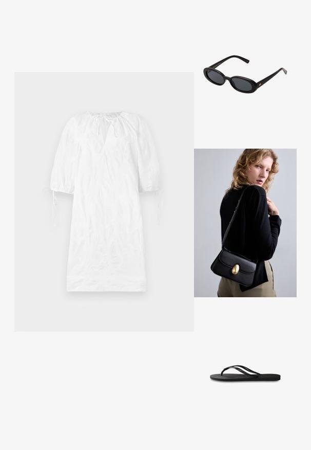 Biele šaty s krátkymi pufovým rukávmi, textúrovaná tkanina, výstrih do v a nastaviteľné viazanie na manžetách. Hladký povrch, dizajn do dĺžky kolien.; Čierne žabky s textúrovanou gumovou podrážkou, dvoma štíhlymi popruhmi a diskrétnym embosovaným logom na popruhu.; Čierne oversized slnečné okuliare s oválnymi šošovkami, hladkým plastovým rámom a zlatými akcentmi na straniciach. Tmavé šošovky poskytujú ochranu pred slnkom.; Čierna kožená kabelka s oblým tvarom, zdobená výrazným zlatým oválnym uzáverom, nastaviteľným popruhom a minimalistickým dizajnom.