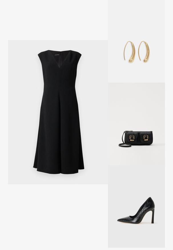 Černé bezramínkové midi šaty s výstřihem do V a úzkým pasem, které se jemně rozšiřují směrem k lemu.; Černý lodičkový bot s špičatou špičkou, pokrytý texturou krokodýlí kůže, s elegantním designem, vysokým stiletto podpatkem a hladkým černým interiérem.; Černá kožená crossbody taška se dvěma předními kapsami, zlatými přezkami, zipovým uzávěrem a štíhlým popruhem. Texturovaný povrch a kompaktní obdélníkový tvar.; Náušnice ve tvaru kruhu z pozlaceného kovu s vroubkovaným, prodlouženým tvarem. Mají hladký, lesklý povrch a zaoblený konec pro zvýraznění detailu.