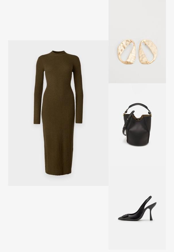 Olíva zöld, bordázott kötött ruha, hosszú ujjakkal, magas nyakkal, testhez simuló siluettel, textúrált anyagból, térd alatti hosszúságú, V-alakú részlettel a mellek alatt.; Fekete bőr pántos cipő hegyes orral, karcsú magas sarkával és dekoratív masnival. Simaság és elegáns dizájn.; Fekete bőr vödör táska texturált felülettel, arany hardware részletekkel és nyitott tetejével. Rövid fogantyúval és állítható vállpánttal rendelkezik.; Egy pár szabálytalan, ovális formájú, aranyszínű fém fülbevaló, enyhén kalapált felülettel, fehér háttéren.