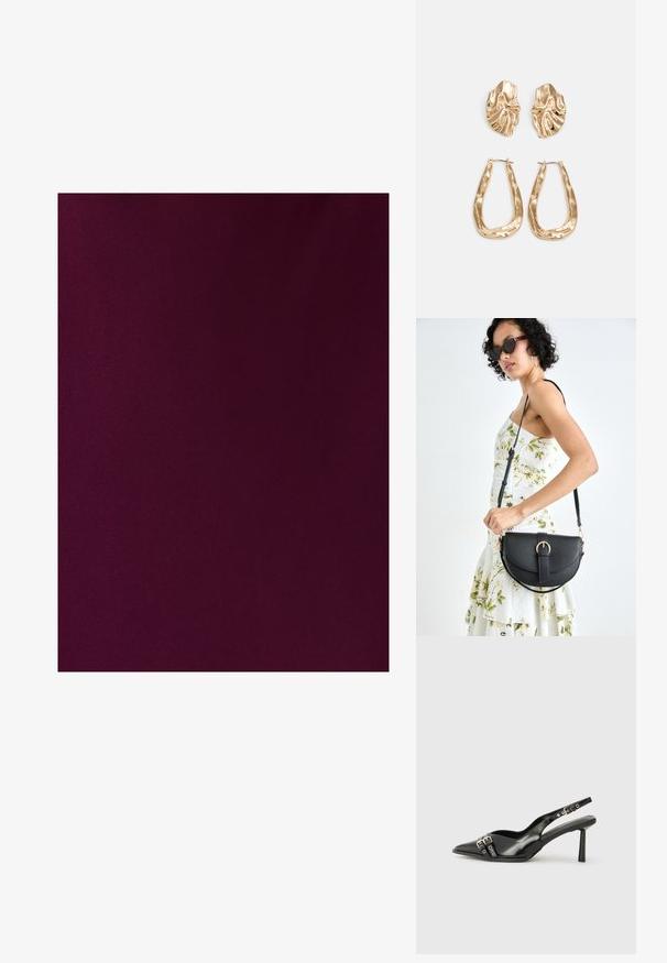 TUSSAH MAVIS - Maksimekko - plum; Musta patenttinen nahkainen slingback-kengät, joissa on terävä nenä, nilkkahihnat hopeisilla soljilla ja varusteilla sekä hoikka korko.; Musta nahkainen käsilaukku, joka on kaareva muotoilultaan, irrotettavalla hihnalla ja kultaisilla yksityiskohdilla. Laukussa on läppä, jossa on solk yksityiskohta.; Korukultainen korvakorut, joissa on teksturoituja, aaltoilevia muotoja. Mukana on veistokselliset klipsikorvakorut ja avoin rengasmalli, jossa on vasaroitu pinta.