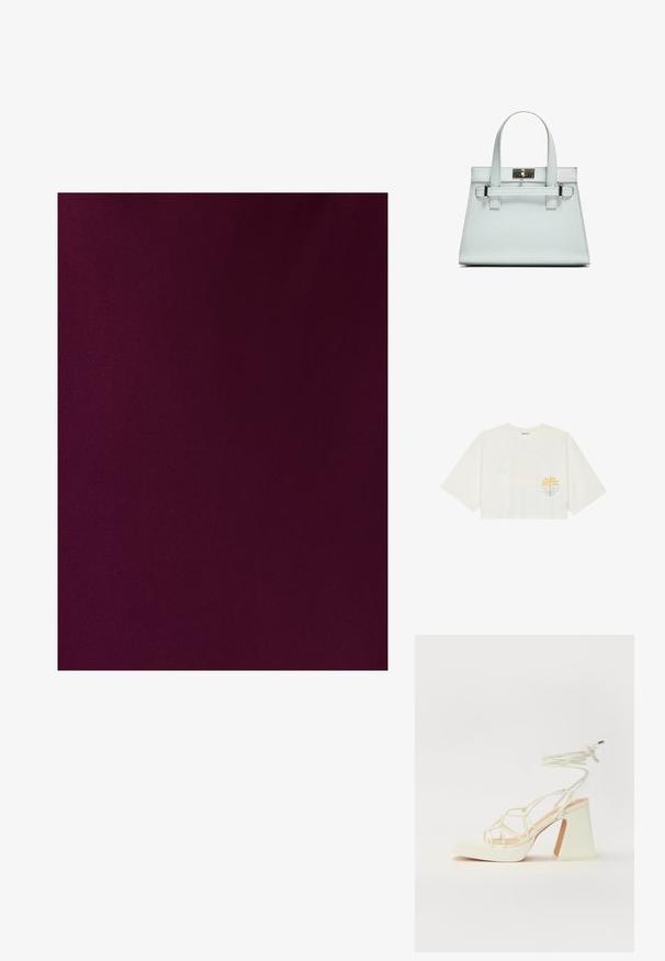 TUSSAH MAVIS - Maxikleid - plum; Zigarrenschnitt weißes T-Shirt aus Baumwolle mit kurzen Ärmeln, das ein gelbes Palmen- und blaues Wellenmotiv auf der linken Brust zeigt.; Weiße High-Heel-Sandale mit einem klobigen Absatz, die über ein Riemchendesign und ein Knöchelband verfügt. Glatte Textur mit einer Plattform vorne für zusätzliche Höhe.; Helle blaue Handtasche mit strukturiertem Design, zwei Griffen und einem Beschlag aus silberfarbenem Metall. Texturiertes Material und scharfe Ecken.