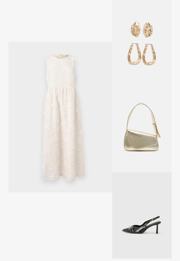Rochie lungă fără mâneci, de culoare crem deschis, cu broderie florală, decolteu rotund, talie ajustată și fustă fluidă, realizată dintr-un material texturat.; Pantofii slingback din piele lăcuită neagră, cu vârf ascuțit, bretele pentru gleznă cu catarame și accesorii din argint, și un toc subțire.; Geantă de umăr metalică aurie cu un design structurat, textură netedă și curea reglabilă. Prezintă o formă triangulară unică și cusături minimaliste.; Cercei aurii cu forme texturate și ondulate. Include studs sculpturale cu clip și un design de cerc deschis cu un finisaj cioplit.