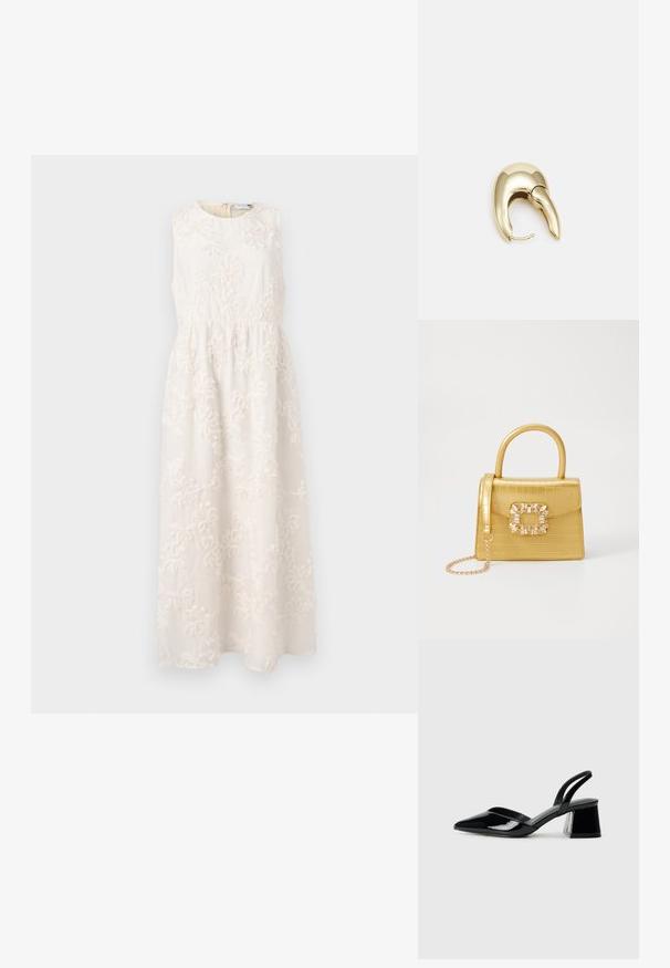 Duga haljina bez rukava svijetle krem boje sa cvjetnim vezom, okruglim izrezom, uskim strukom i lepršavom suknjom, izrađena od teksturiranog materijala.; Crne lakirane kožne sandale s otvorenom petom i špicastim vrhom, s geometrijskom blok petom. Imaju elegantan, minimalistički dizajn i glatku teksturu.; Žuta torbica od umjetnog krokodila sa strukturiranim dizajnom, gornjom ručkom, odvojivim lančićem i dekorativnim kristalnim ukrasom na kopči.; Zlatne metalne naušnice s elegantnim, zakrivljenim dizajnom. Imaju karakterističan šiljast oblik, poliranu površinu i zatvaranje na šarku.