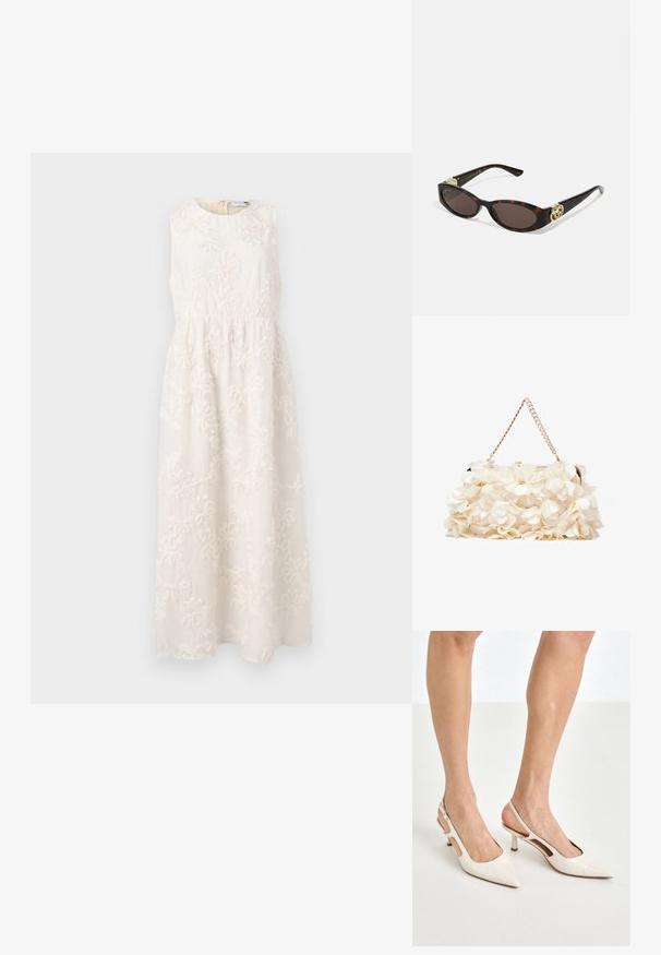 Duga haljina bez rukava svijetle krem boje sa cvjetnim vezom, okruglim izrezom, uskim strukom i lepršavom suknjom, izrađena od teksturiranog materijala.; Bež cipele na petu od lakiranih koža s uskim vrhom i petom od 5 cm, s izrezanim stranama i tankim remenom oko gležnja.; Suncane naočale od kornjačevine s izduženim ovalnim lećama, smešnim nijansama, zlatnim logotipom na drškama i elegantnim crnim krakovima.; Bijela cvjetna torba s nabranom površinom od tkanine, zlatnom lancem za nošenje i metalnim kopčanjem. Ima teksturirane latice kao dodatak detalju.