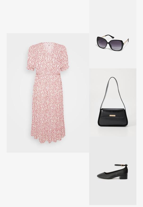 Maxikjole i lett stoff, med hvit bunn og små røde blomstertrykk, korte pufferm og en innsvingt midje.; Sorte skinnpumper med spiss tå og lav blokkhelt. Har ankelrem med gullfarget spenne. Glatt tekstur.; Sorte oversized solbriller med gradient linser, tykke rammer og detaljering med gulltonekjede på tempelarmene.; Svart lærveske med en strukturert, triangulær form, tynn stropp og detaljer i gulltone som har en logo-plakett på den fremre klaffen.