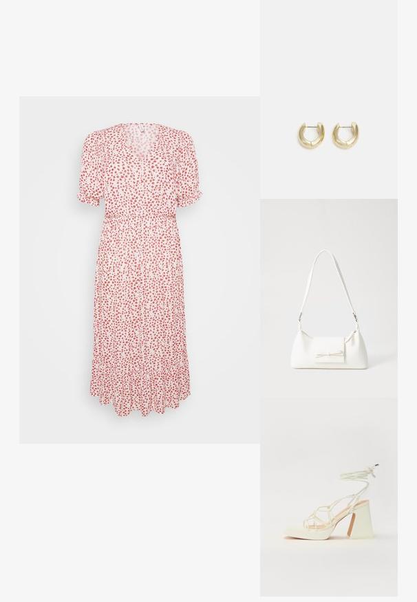 Maksi obleka iz lahkega materiala, z belo podlago in majhnimi rdečimi cvetličnimi potiski, kratkimi napihnjenimi rokavi in zoženim pasom.; Bela sandala na visokih petah s debelim petam, ki ima obliko trakcev in vezanje okoli gležnja. Gladka tekstura z platformo spredaj za dodatno višino.; Bela sintetična torbica v obliki trikotnika, z ravnim sprednjim poklopcem in detajlom mašne, nastavljivim trakom, gladko teksturo in minimalističnim dizajnom.; Zlato-tonirani uhani v obliki obroča z gladko, polirano površino. Imajo obliko polkroga in varno zaponko na peto.