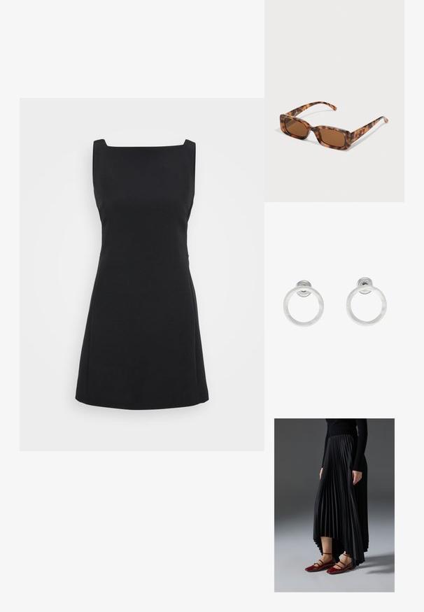 Svart ärmlös klänning med fyrkantig halsringning, A-linjeform och slät textur, med en minimalistisk design utan mönster eller accenter.; Svart plisserad kjol med hög-låg fåll, kombinerad med glansiga röda ballerinas med remdesign. Tyget har en mjuk textur.; Sköldpaddsmönstrade solglasögon med rektangulära bruna linser, en tjock ram och smala bågar som har ett mönster av varierande nyanser av brunt.; Silvriga metallringörhängen med borstad yta, som har en cirkulär design och en genomskinlig stiftbaksida för säker användning.
