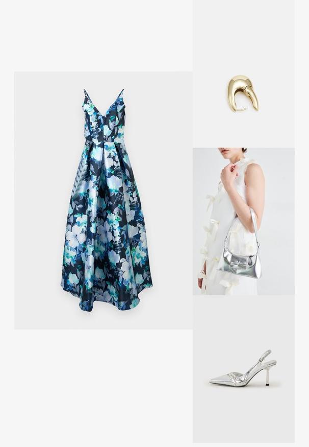 Φλοράλ μίντι φόρεμα σε ναυτικό μπλε χρώμα με μεγάλα ανοιχτό μπλε και πράσινα λουλούδια. Το υλικό είναι γυαλιστερό με εφαρμοστή ζώνη και φαρδιά φούστα. V-λαιμόκοψη.; Ασημένια ψηλοτάκουνα παπούτσια slingback με μυτερή μύτη, μεταλλική φινέτσα, δύο διακοσμητικές λωρίδες και λεπτό τακούνι με μαύρη άκρη.; Ασημί μεταλλική τσάντα με δομημένο σχήμα, διαθέτει χειρολαβή στην κορυφή και λεπτομέρεια με φιόγκο μπροστά. Λείος υφάσματος, ανακλαστική επιφάνεια.; Χρυσόχρωμο μέταλλο σκουλαρίκι με κομψό, καμπυλωτό σχέδιο. Διαθέτει χαρακτηριστικό μυτερό σχήμα, γυαλιστερή επιφάνεια και κλείσιμο με μεντεσέ.