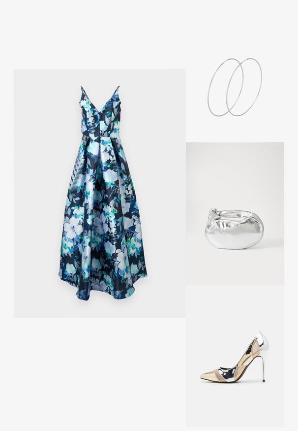 Lille lillelillekleit tumesinises värvitoonis, millel on suured helesinised ja rohelised lilled. Materjal on läikiv, ettenähtud kehakatsumusele ja flared seelikuosa. V-kaelus.; Kitsas toe kõrge kontsaga kingad, millel on hõbedane, kuldne ja nude värvilahendus. Läikiv viimistlus lõikekujundusega, stiletto konts.; Hõbedane metallikoti kott pehme, ümar kuju ja sõlme ülemise sulgemisega. Valmistatud siledast kunstnahast materjalist.; Hõbedased rõngastikkaehingad minimalistlikus disainis. Ümar kuju, sile tekstuur ja õhuke profiil. Kerged ning poleeritud viimistlusega.