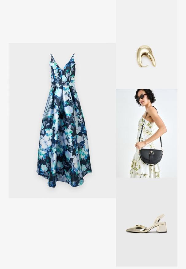 Sötétkék virágmintás midi ruha nagy világoskék és zöld virágokkal. Az anyag fényes, a ruha testhez simuló felsőrésszel és bővülő szoknyával rendelkezik. V kivágás.; Arany, fémből készült slingback sarkú cipők hegyes orral és vastag sarokkal. Simaság, minimalista design és keskeny pánt jellemzi.; Fekete bőrtáska ívelt formával, levehető pánttal és arany színű fémrészekkel. A táskán egy csattal díszített fedél található.; Aranyszínű fém fülbevaló, elegáns, ívelt formával. Különleges hegyes alak, fényes felszín és zsanéros záródás jellemzi.