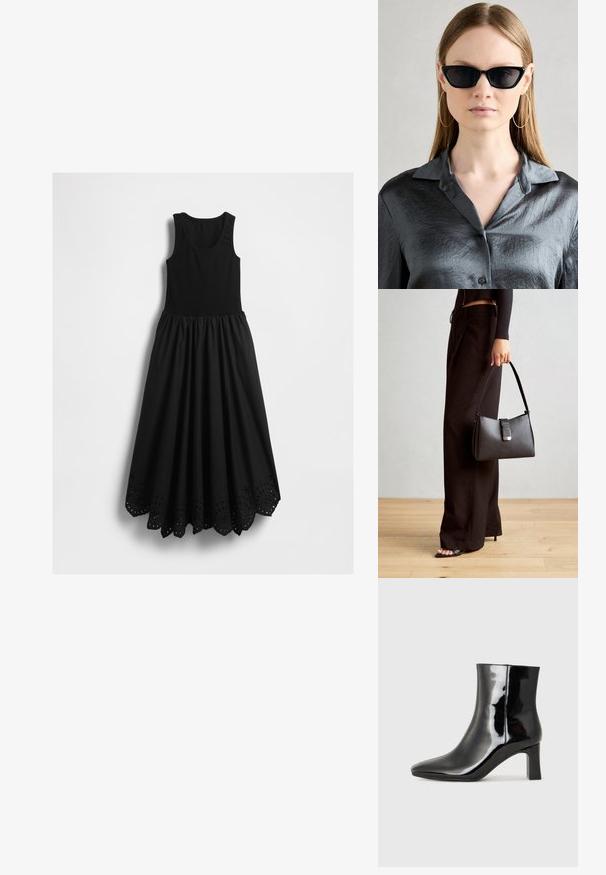 Musta hihaton maxi-mekko, jossa on tiukkahko tankotoppi ja aallotettu helma, jossa on ympyrän muotoisia leikkauksia.; Musta patenttilakattu nilkkuri, jossa on terävä kärki ja keskipitkä lohkarekorko. Silkkinen pinta ja minimalistinen muotoilu.; Mustat kissankorvat aurinkolasit kiiltävällä pinnalla, käytettynä harmaassa napilliseen paitaan, jossa on kaulus. Suuret renkaat korvakorut ovat näkyvissä.; Musta käsilaukku, jossa on rakenteellinen muoto, sileä pinta ja metallinen solki. Yhdistetty leveisiin mustiin housuihin ja avonaiheisiin sandaaleihin puulattialla.