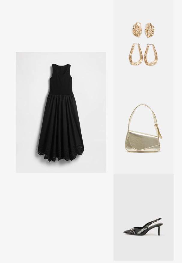 Sort ærmeløs maxi kjole med tætsiddende tank top liv og bølget kant, der har cirkulære udskæringsmønstre.; Sorte patenterede læderslagback sko med spids tå, ankleremme med sølvspænder og hardware samt en slank hæl.; Guldmetallisk håndtaske med et struktureret design, glat tekstur og justerbar rem. Har en unik trekantet form og minimalistisk syning.; Guldtonede øreringe med teksturerede, bølgede former. Inkluderer skulpturelle clips og en åben ringdesign med en hamret finish.