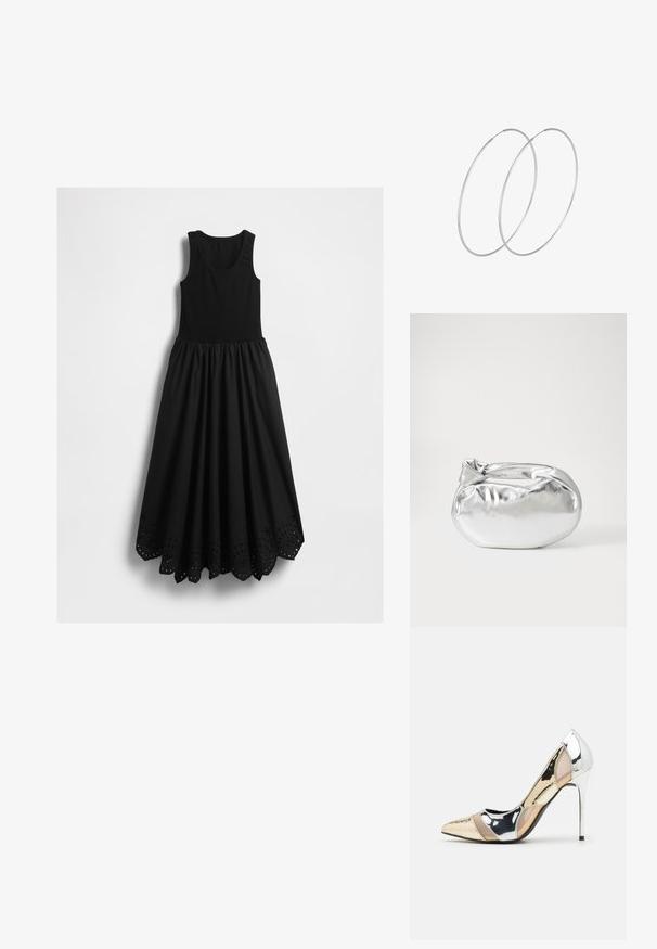 Crna maksi haljina bez rukava s prilagođenim bodicem na bazi i valovitim rubom s kružnim izrezanim uzorcima.; Cipele s visokom potpeticom i špicastim vrhom u srebrnoj, zlatnoj i nude boji. Sjajan finiš s izrezbarenim dizajnom, s potpeticom u obliku stiletto.; Srebrna metalik torbica s mekim, zaobljenim oblikom i čvorastim zatvaranjem na vrhu. Izrađena od glatke sintetičke kože.; Srebrne okrugle naušnice s minimalističkim dizajnom. Kružni oblik, glatka tekstura i tanak profil. Lagane s poliranim završetkom.