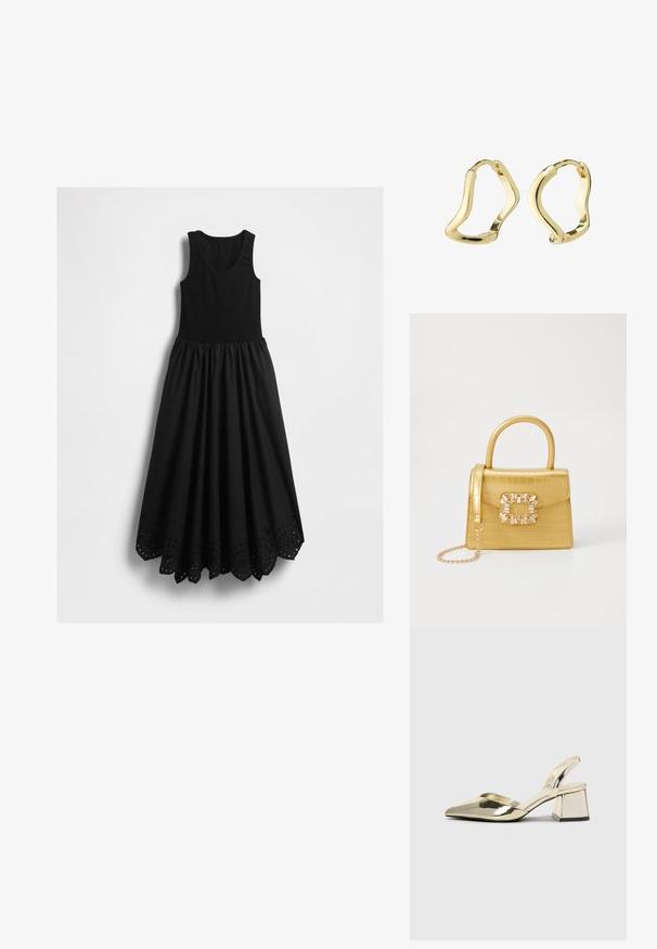 Črna brezrokavna maksi obleka s prilegajočim zgornjim delom tank top in valovitim robom, ki vsebuje krožne izreze.; Zlati, kovinski slingback čeveljci z ostrim nosom in masivnim peto. Gladka tekstura, minimalistična zasnova in ozka zanka.; Rumeno usnjeno-usnje z vzorcem krokodila, s strukturiranim dizajnom, zgornjo ročajem, snemljivo verižico in dekorativnim kristalnim okrasjem na zaponki.; Zlate uhane v obliki obroča z valovito, tekočo zasnovo. Gladka tekstura, odprta oblika in brez vidnih zaponk. Minimalističen in modern videz.