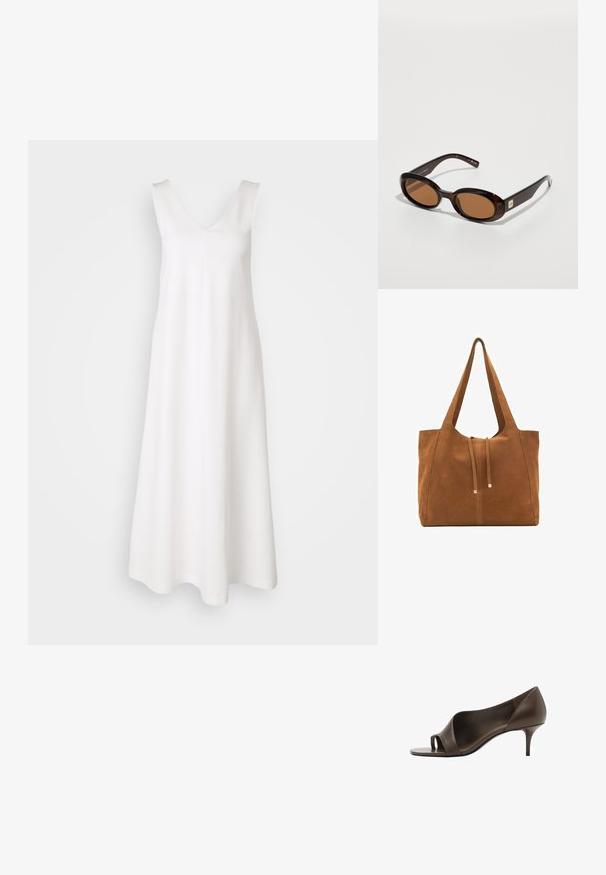 DRYKORN RESIMA - Haljina od žerseja - offwhite; Smeđe kožne sandale na visoku petu s glatkom teksturom i uskim stiletto potpeticama. Imaju izrezbareni dizajn i minimalistički oblik.; Smeše smeđe boje sunčane naočale s ovalnim lećama, koje imaju tanak okvir i mali metalni detalj sa strane. Obrada je teksturirana i polirana.; Smeđa antilop torba za ruke s dva duga remena, zatvaranje na vezicu i minimalistički dizajn. Glatka tekstura i bez vidljivih metalnih elemenata.